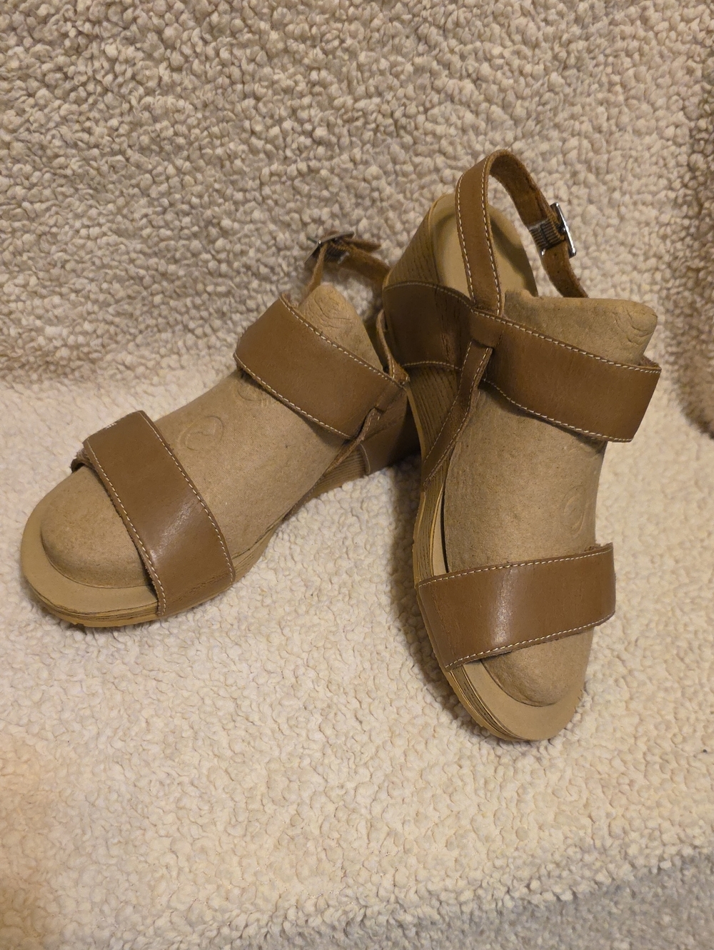 Clarks Tan Leather Wedge Sandals with Adjustable Straps